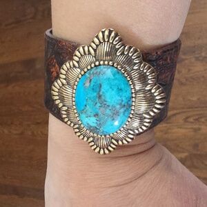 Barse turquoise and tooled brown leather cuff bracelet  with silver hardware